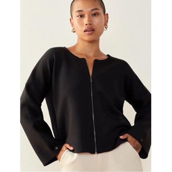 ADAY M Black Waste Not Full Zip Jacket Mod Lagenlook Snap Cuff Scuba Polyester - Picture 1 of 8